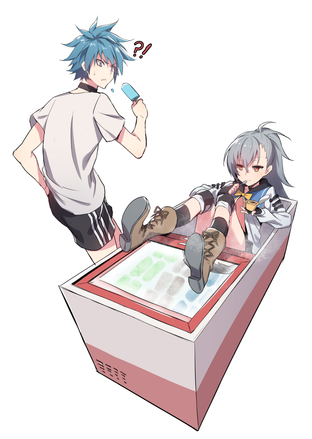 !?, 1boy, 1girl, back, bangs, bare_arms, black_gloves, black_legwear