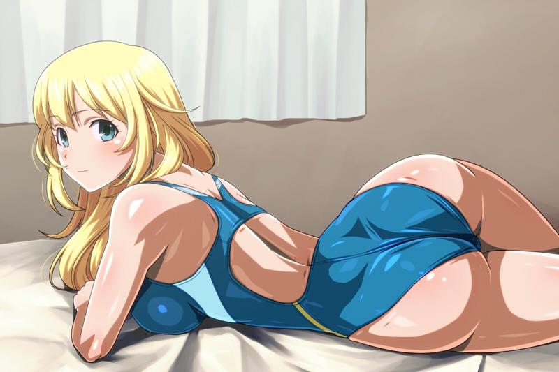1girl, alternate_costume, aqua_eyes, ass, atago_(kantai_collection), bare_arms, bare_legs, bare_shoulders, bed, bed_sheet, blonde_hair, blue_swimsuit, breast_press, breasts, competition_swimsuit, curtains, from_behind, indoors, kantai_collection, large_breasts, long_hair, looking_at_viewer, lying, monteri, on_side, one-piece_swimsuit, shiny, shiny_clothes, shiny_skin, smile, swimsuit, thighs