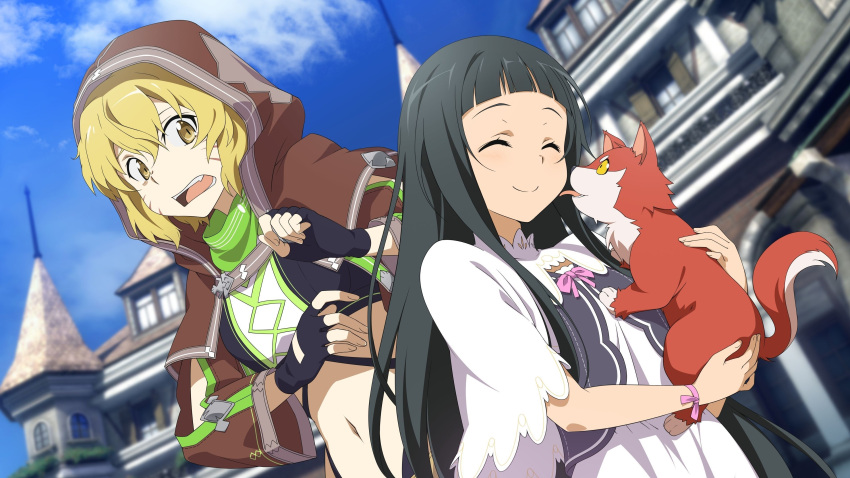 2girls, ^_^, absurdres, argo_(sao), argo_the_rat, black_gloves, black_hair, blonde_hair, closed_eyes, dog, facial_mark, fingerless_gloves, gloves, highres, hood, long_hair, multiple_girls, navel, open_mouth, pink_ribbon, ribbon, short_hair, smile, sword_art_online, sword_art_online:_hollow_realization, whisker_markings, yellow_eyes, yui_(sao)
