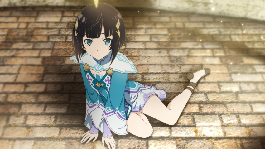 1girl, absurdres, black_hair, blue_eyes, full_body, hair_ornament, highres, long_hair, mole, mole_under_eye, premiere_(sao), short_hair, sitting, solo, sword_art_online, sword_art_online:_hollow_realization, yokozuwari