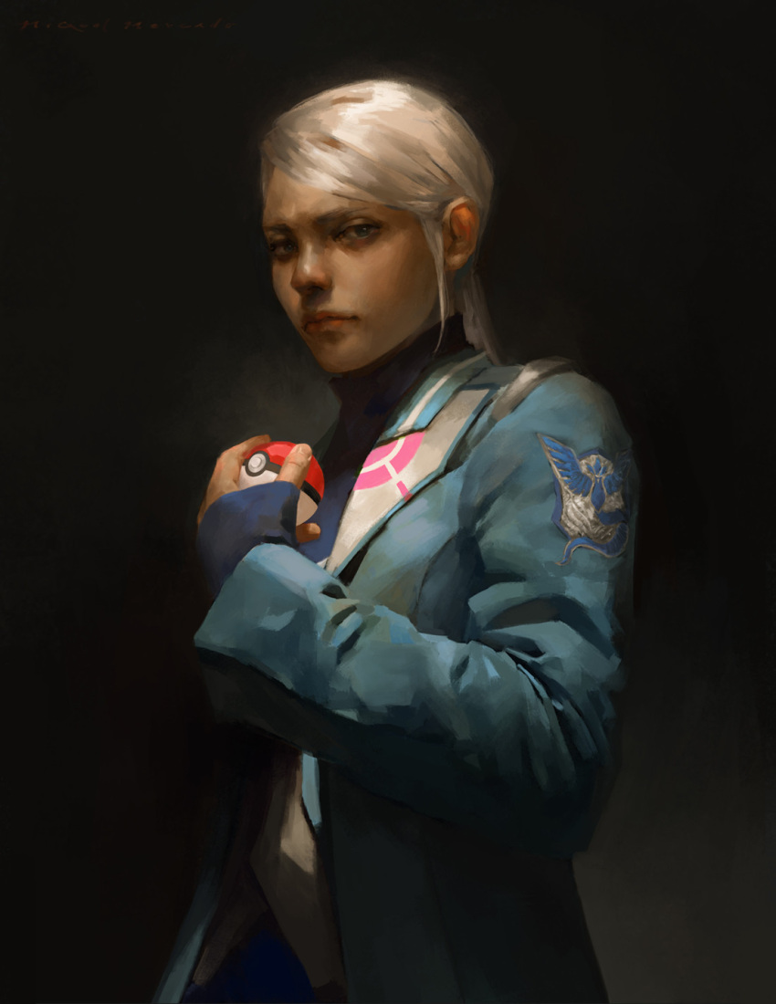 10s, 1girl, black_background, blanche_(pokemon), dark_skin, highres, holding, holding_poke_ball