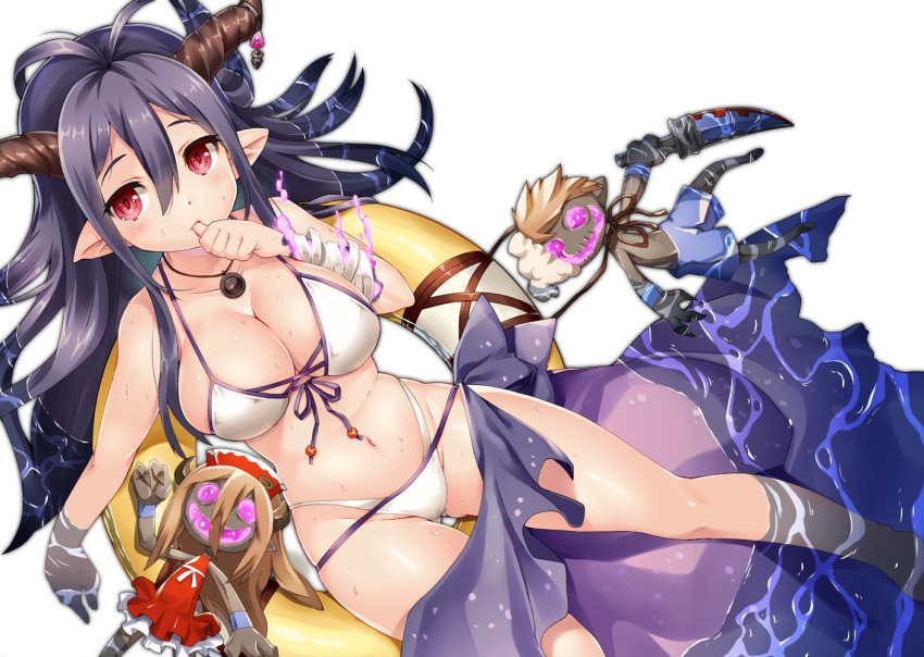 1girl, antenna_hair, bandage, bikini, black_hair, blush, breasts, cleavage