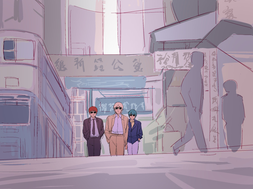 3boys, amuro_ray, blonde_hair, blue_jacket, brown_hair, bus, city, commentary_request