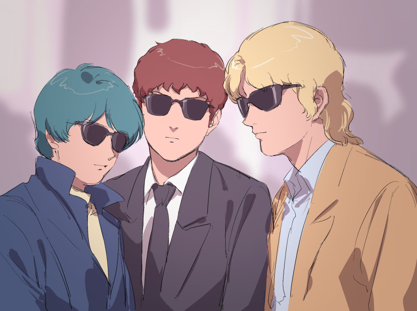 3boys, amuro_ray, blonde_hair, blue_jacket, brown_hair, commentary_request, formal, glasses