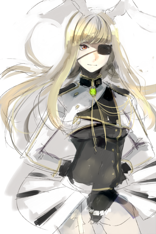 1girl, animal_ears, arms_behind_back, blonde_hair, chiester00, chiester_sisters, eyepatch, leotard