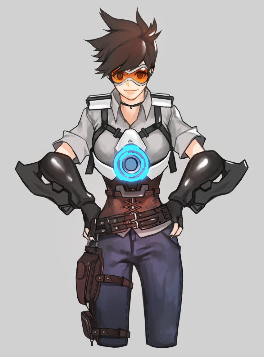 1girl, alternate_color, alternate_costume, bangs, belt, black_gloves, black_nails, brown_eyes