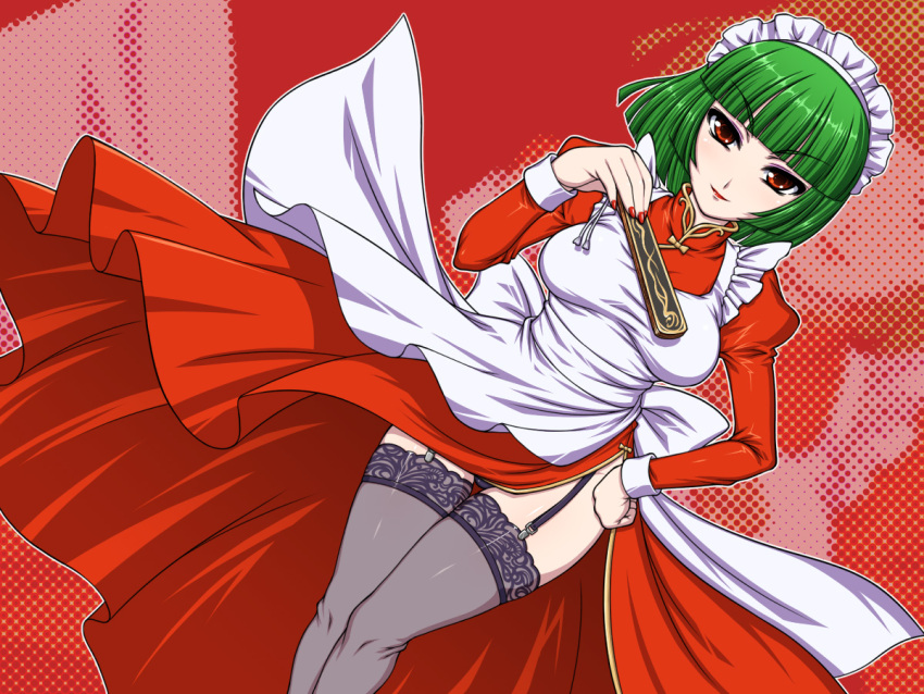 garter_belt, green_hair, maid, maid_headdress, masa_yuki, nijiura_maids, red_eyes, shibai
