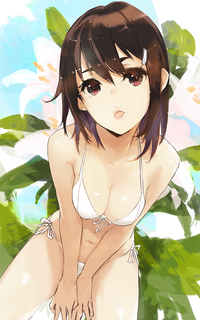 1girl, :p, bare_arms, bare_shoulders, between_legs, bikini, blush, bobhit, breasts, brown_hair, cleavage, closed_mouth, collarbone, eyelashes, floral_background, from_above, front-tie_bikini, front-tie_top, hair_ornament, hairclip, hand_between_legs, head_tilt, looking_at_viewer, looking_up, medium_breasts, red_eyes, ribbon, short_hair, side-tie_bikini, sitting, solo, sweatdrop, swimsuit, tongue, tongue_out, v_arms, white_ribbon