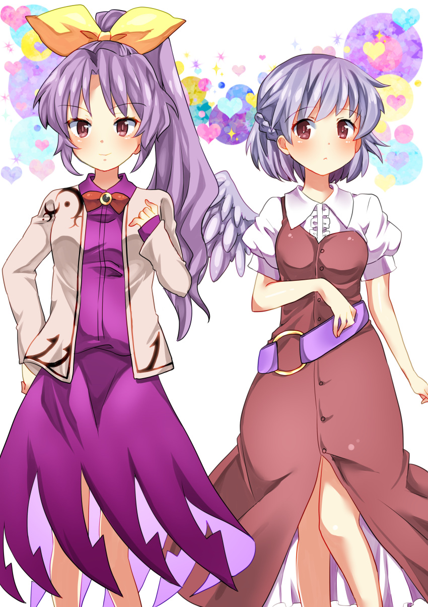 2girls, absurdres, belt, bow, chako_(chakoxxx), cosplay, costume_switch, hair_bow, heart, highres, kishin_sagume, kishin_sagume_(cosplay), long_hair, multiple_girls, pigeon-toed, ponytail, purple_hair, red_eyes, silver_hair, single_wing, touhou, watatsuki_no_yorihime, watatsuki_no_yorihime_(cosplay), wings