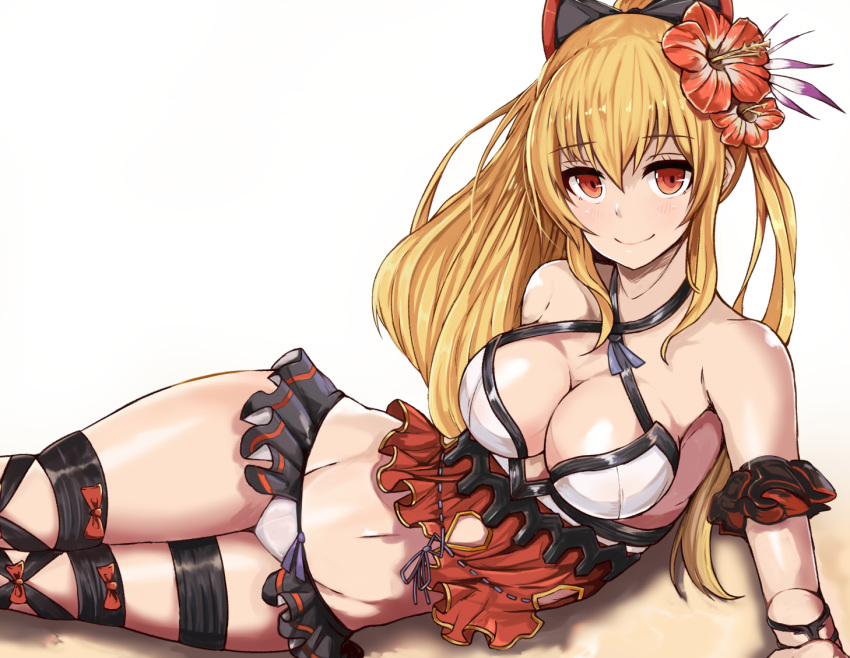 1girl, bangs, bare_shoulders, bikini, black_legwear, blonde_hair, boots, bow