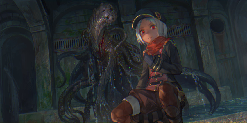 1girl, black_gloves, black_hat, black_jacket, blood, boots, brown_gloves, brown_shorts