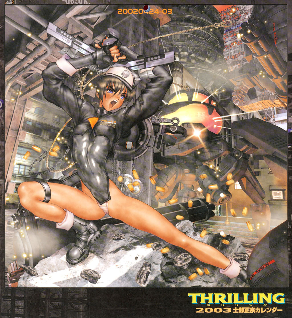 blue_eyes, dual_wielding, fingerless_gloves, gatling_gun, gloves, gun, handgun, legs