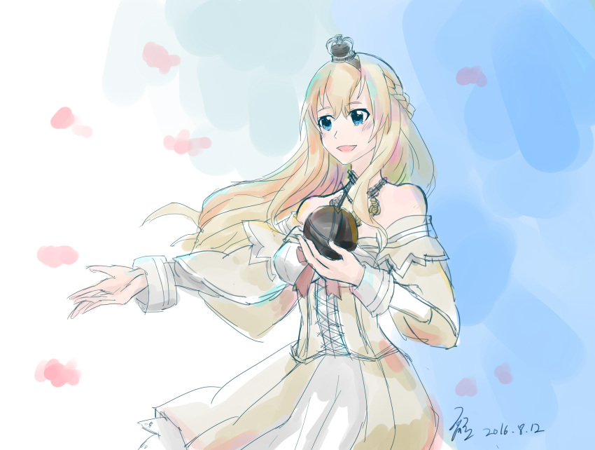 1girl, 2016, absurdres, bad_anatomy, blonde_hair, blue_eyes, braid, crown, dated, diao, french_braid, garter_straps, high_heels, highres, holy_hand_grenade, kantai_collection, mini_crown, orb, solo, warspite_(kantai_collection)