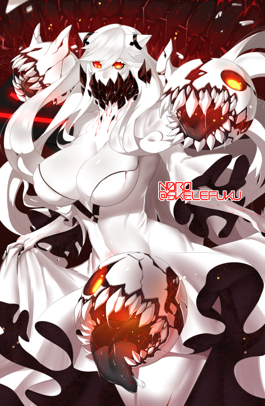 1girl, breasts, cleavage, covered_mouth, dress, glowing, glowing_eyes, highres