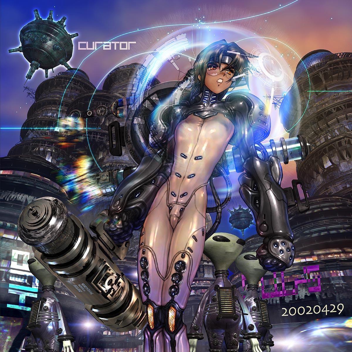 alien, black_hair, dark_skin, glasses, gun, highres, masamune_shirow, shirou_masamune