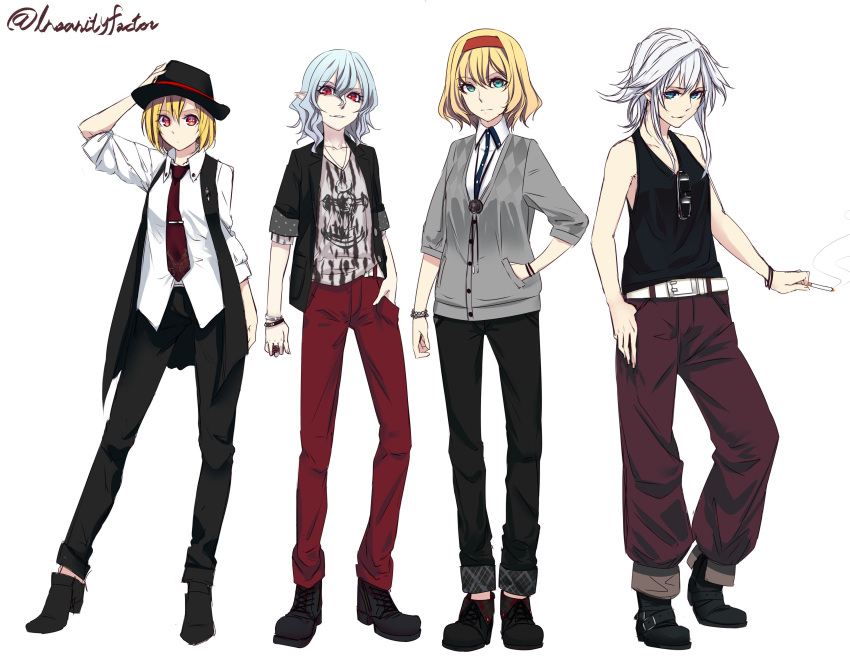 4girls, absurdres, adjusting_clothes, adjusting_hat, alice_margatroid, alternate_costume, alternate_hairstyle, arm_up