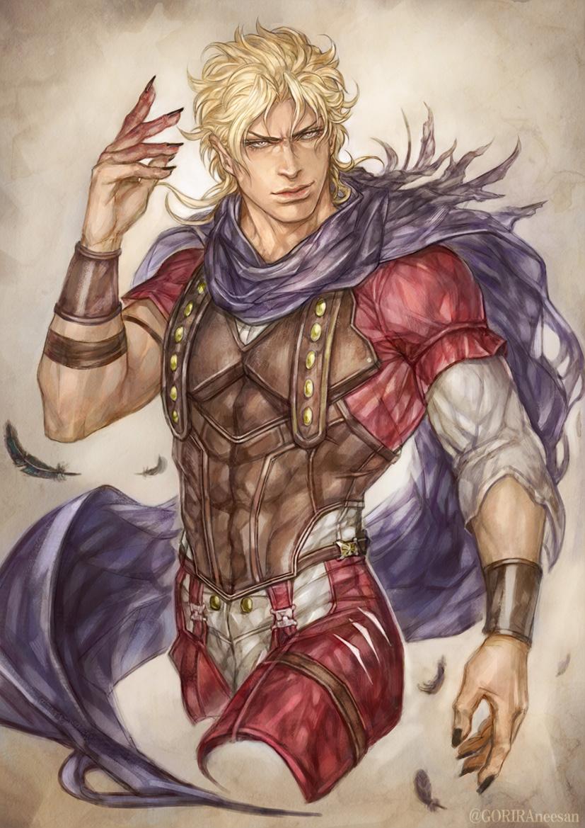 1boy, black_nails, blonde_hair, blood, bloody_hands, dio_brando, feathers, fingernails, goriraneesan, jojo_no_kimyou_na_bouken, long_fingernails, male_focus, muscle, nail_polish, purple_scarf, scarf, solo, twitter_username, yellow_eyes