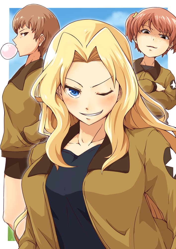 3girls, alisa_(girls_und_panzer), blonde_hair, blue_eyes, blush, bomber_jacket, breasts, brown_eyes