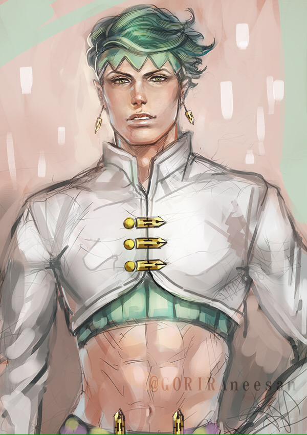 1boy, abs, crop_top, earrings, goriraneesan, green_eyes, green_hair, headband