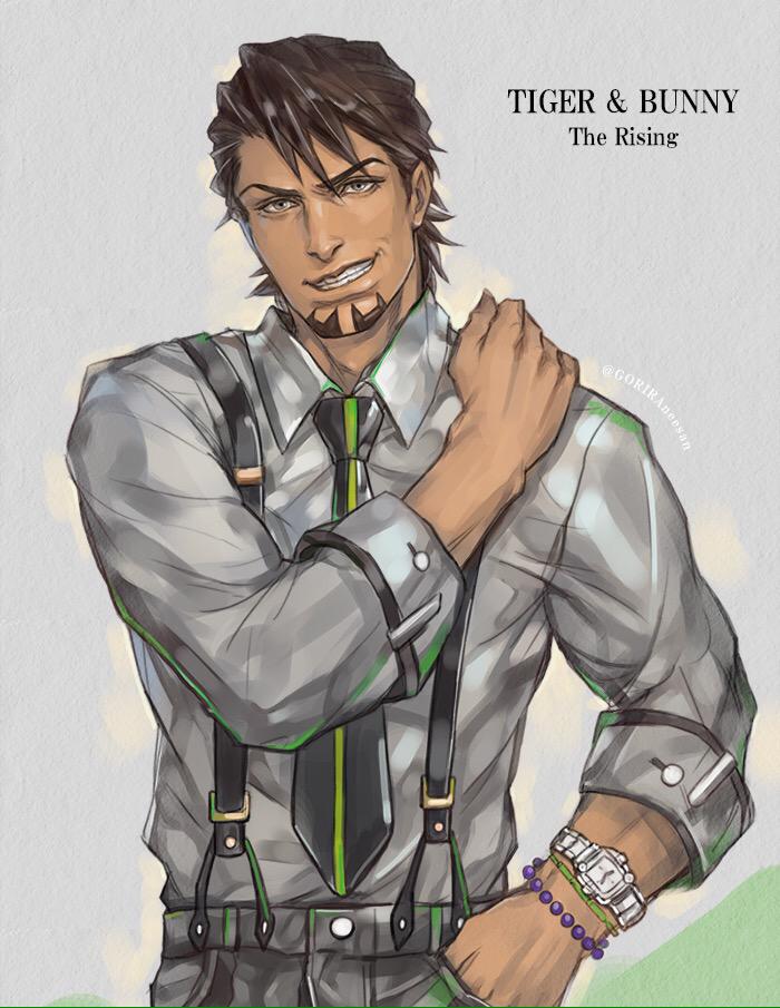 1boy, bead_bracelet, bracelet, brown_eyes, brown_hair, collared_shirt, facial_hair, goatee
