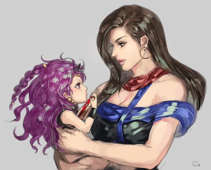 1boy, 1girl, braid, breasts, brown_eyes, brown_hair, carrying, child