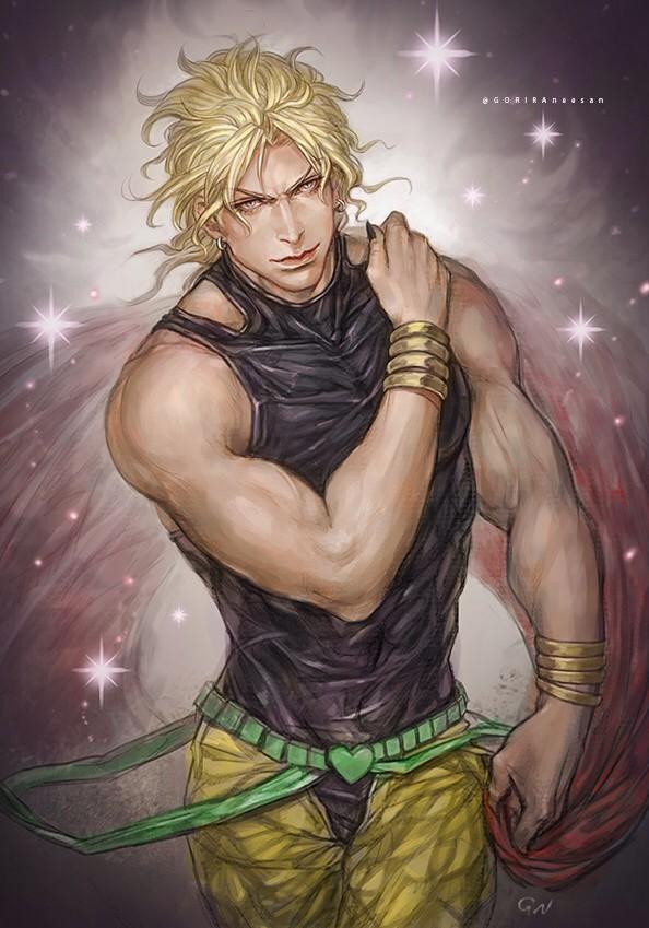 1boy, blonde_hair, dio_brando, earrings, goriraneesan, jewelry, jojo_no_kimyou_na_bouken, male_focus, muscle, removing_cape, signature, solo, sparkle, twitter_username, wrist_cuffs, yellow_eyes
