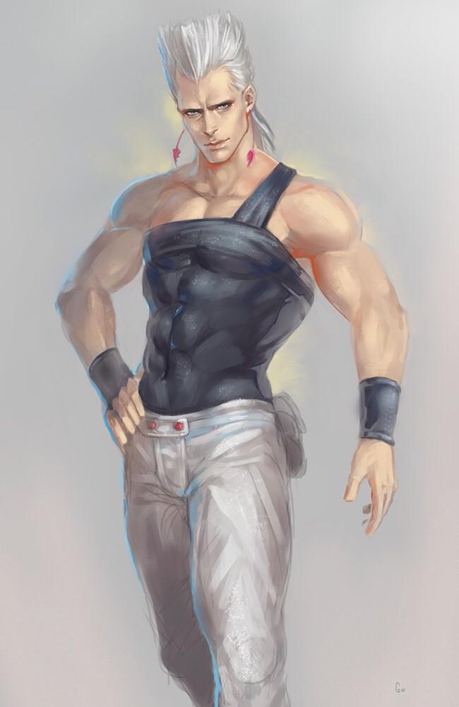 1boy, abs, earrings, goriraneesan, hand_on_hip, jean_pierre_polnareff, jewelry, jojo_no_kimyou_na_bouken, male_focus, muscle, no_eyebrows, pouch, solo, white_hair, wristband