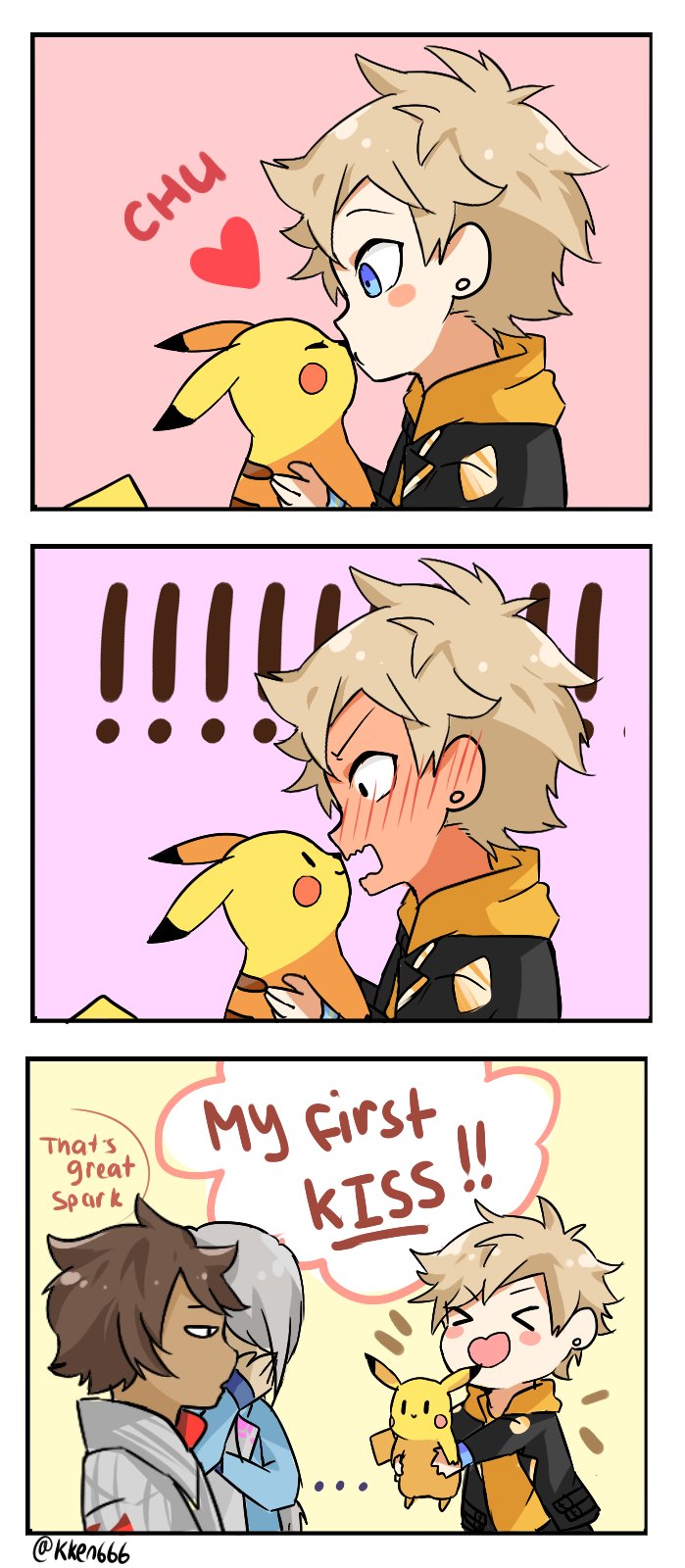 !!, >_<, ..., 10s, 1boy, 2girls, 3koma, blanche_(pokemon), blue_eyes, blush, blush_stickers, brown_hair, candela_(pokemon), closed_eyes, coat, comic, dark_skin, earrings, english, facepalm, full-face_blush, grey_hair, heart, highres, hood, hoodie, jacket, jewelry, kiss, kkyan_(kken666), multiple_girls, open_clothes, open_jacket, pikachu, pokemon, pokemon_go, ponytail, spark_(pokemon), twitter_username, |_|
