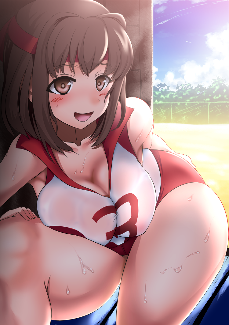 1girl, bare_shoulders, blush, breasts, brown_eyes, brown_hair, cleavage, curvy