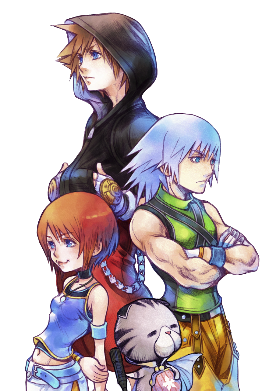 1girl, 3boys, alternate_color, chirithy, highres, hood, hoodie, kairi_(kingdom_hearts)