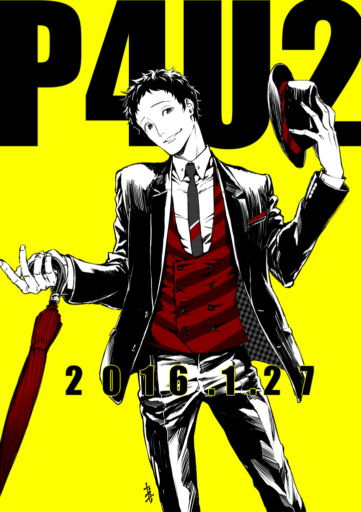 1boy, 2016, adachi_tooru, alternate_costume, black_hat, black_jacket, black_necktie, black_pants