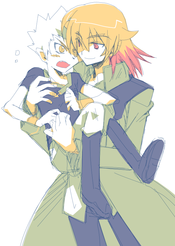 2boys, bakugan, bakugan_gundalian_invaders, blonde_hair, blush, boots, carrying, coat