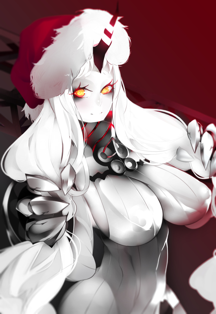 1girl, absurdres, breasts, claws, glowing, glowing_eyes, hat, highres, horn, kantai_collection, large_breasts, long_hair, looking_at_viewer, orange_eyes, oxykoma, santa_hat, seaport_hime, shinkaisei-kan, smile, solo, tight, very_long_hair, white_hair