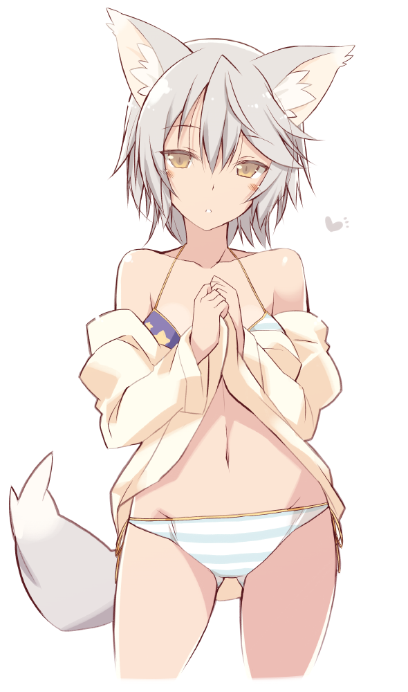 1girl, animal_ears, bikini, blush, brown_eyes, cowboy_shot, gluteal_fold, heart