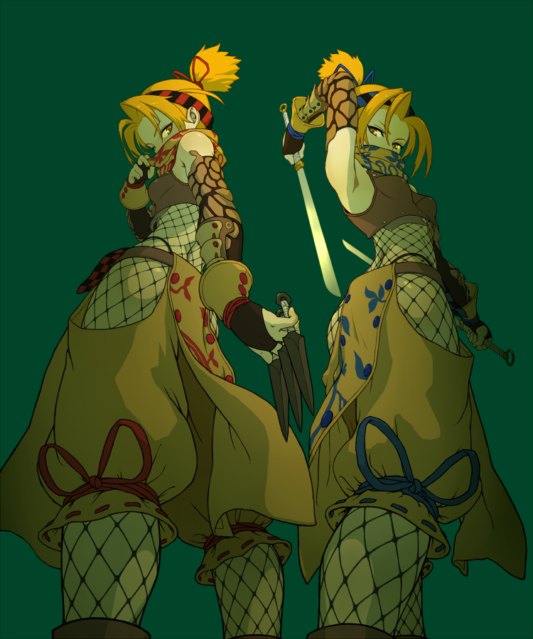 2girls, armor, artist_request, ass, blonde_hair, breasts, fingerless_gloves, gloves, green_background, headband, kunai, multiple_girls, ninja, overlord_(maruyama), ponytail, ribbon, scarf, siblings, simple_background, sword, thighs, tia_(overlord), tina_(overlord), twins, weapon, yellow_eyes