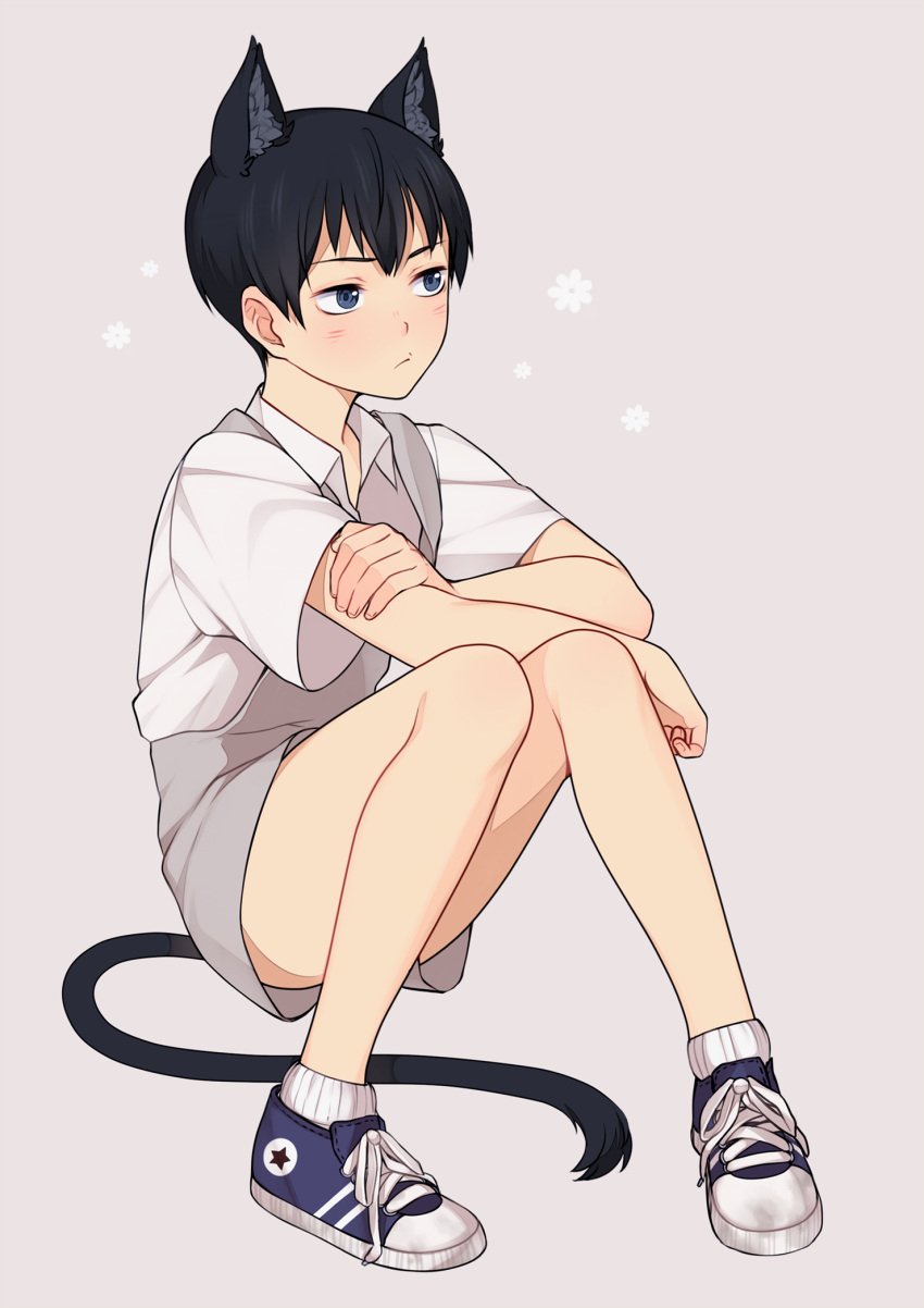 1boy, animal_ears, black_eyes, black_hair, blue_eyes, blush, cat_ears, cat_tail