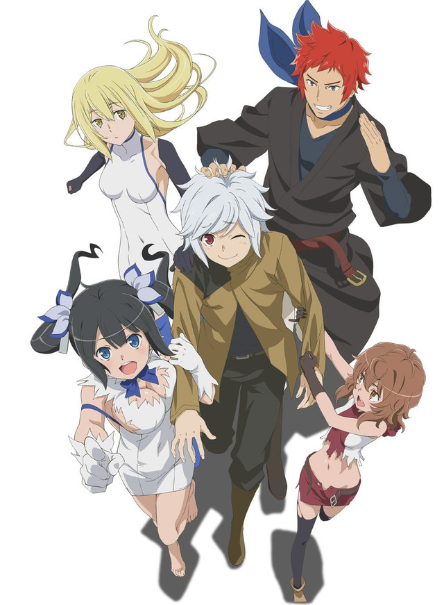 2boys, 3girls, ;d, absurdres, aiz_wallenstein, armor, bare_shoulders, barefoot