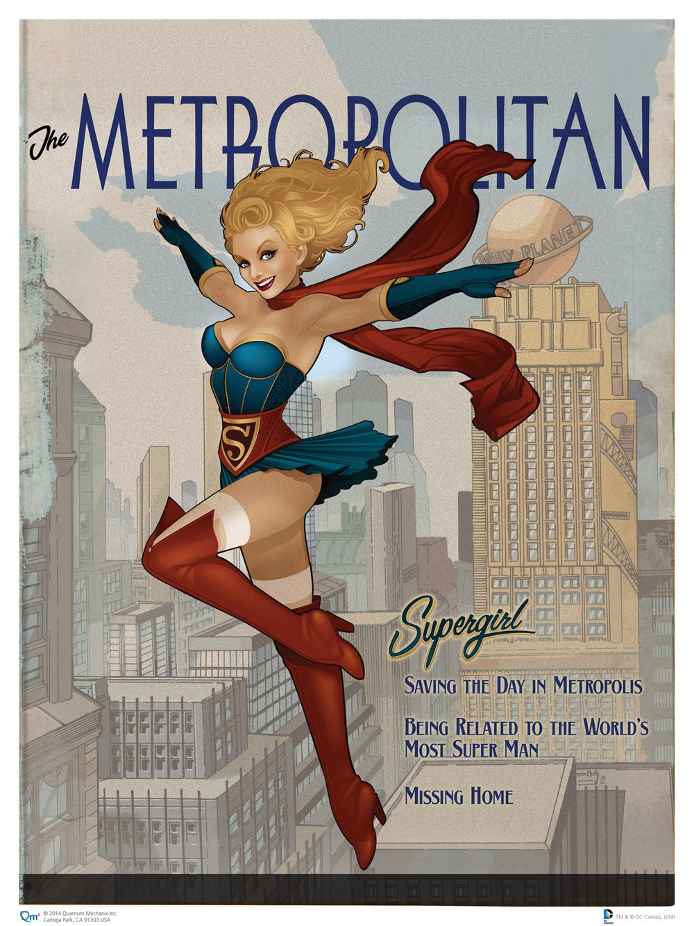 1girl, 2014, belt, blonde_hair, blue_dress, blue_eyes, blue_gloves, bombshells, city, dc_comics, dress, fingerless_gloves, flying, high_heel_boots, kryptonian, pin-up, red_scarf, red_shoes, scarf, shoes, smile, solo, strapless, supergirl, thigh-highs, thigh_boots, white_legwear