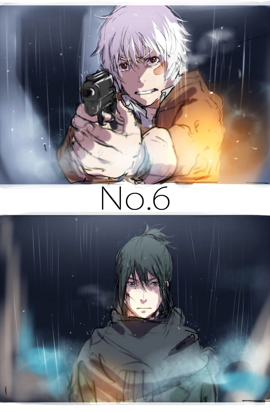 2boys, blue_hair, facial_mark, gun, highres, male_focus, multiple_boys, nadzomi_viro