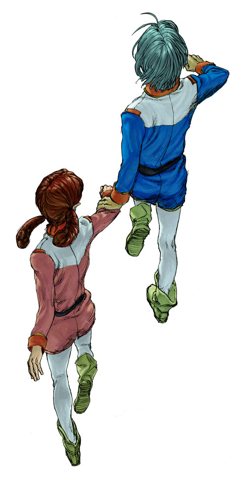 1boy, 1girl, aqua_hair, gundam, hand_holding, kai_shiden, long_hair, low_twintails, miharu_ratokie, military, military_uniform, mobile_suit_gundam, redhead, short_hair, twintails, uniform, utaco