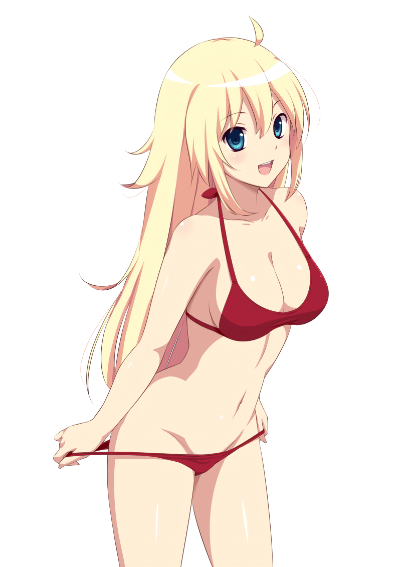 1girl, :d, bikini, blonde_hair, blue_eyes, blush, breasts, cleavage