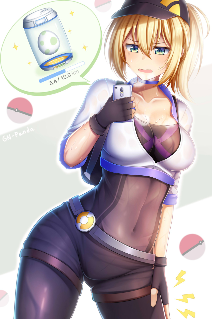 10s, 1girl, absurdres, arm_at_side, backpack, bag, bangs, baseball_cap, belt, black_gloves, black_hat, black_legwear, blonde_hair, blue_eyes, blush, breasts, cellphone, choker, collarbone, contrapposto, covered_navel, cowboy_shot, cropped_jacket, egg, eyebrows, eyebrows_visible_through_hair, female_protagonist_(pokemon_go), fingerless_gloves, gameplay_mechanics, gloves, guardian-panda, hair_between_eyes, hand_on_own_thigh, hat, highres, holding_cellphone, hot, large_breasts, leaning_to_the_side, leggings, legs_apart, lightning_bolt, long_hair, number, pain, phone, poke_ball, pokemon, pokemon_go, ponytail, see-through, skin_tight, sleeves_past_elbows, smartphone, solo, sparkle, speech_bubble, sweat, sweating, tired, twitter_username, wet, wet_clothes, wet_jacket