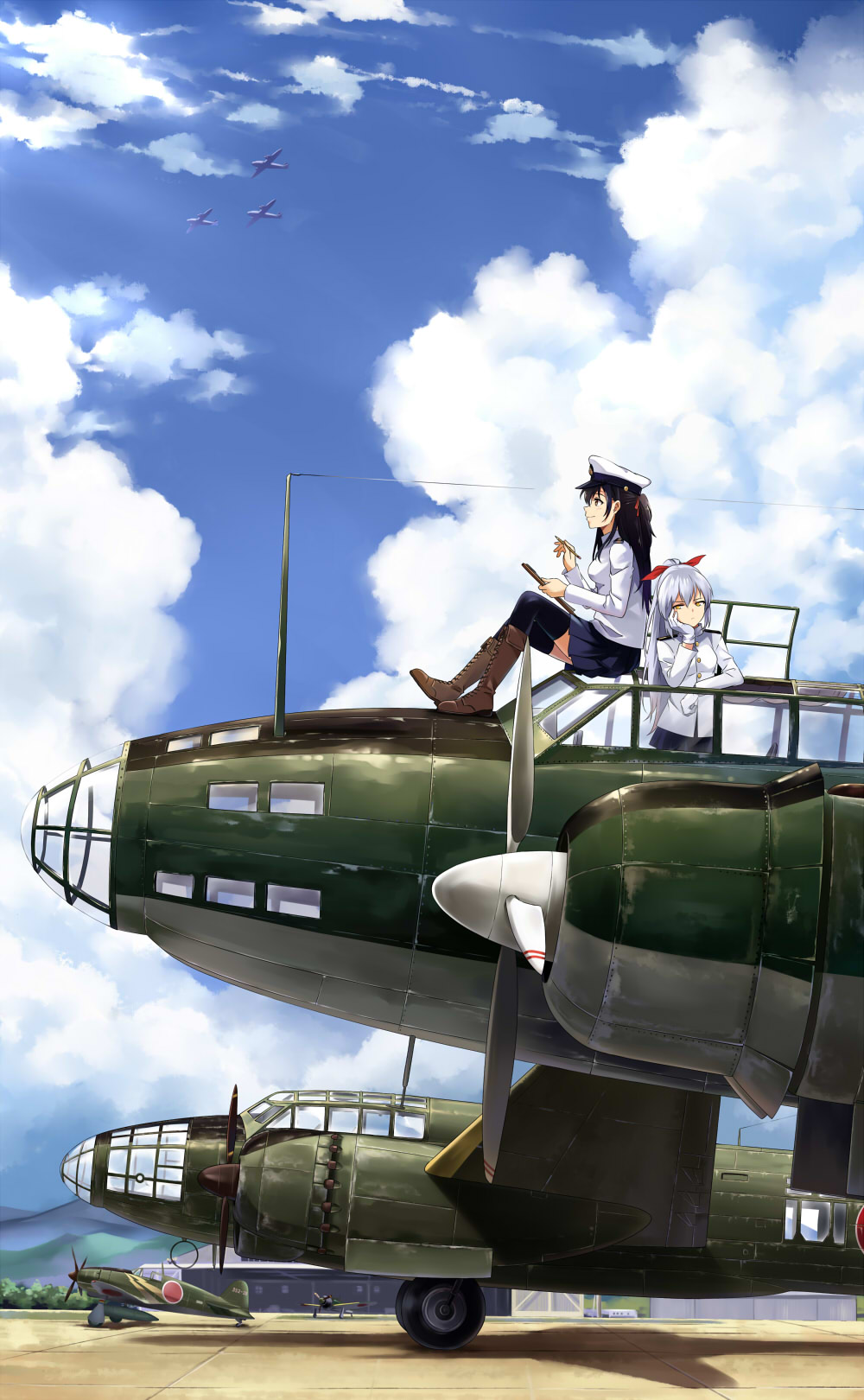 2girls, a6m_zero, aircraft, airplane, black_legwear, black_skirt, blue_sky, boots