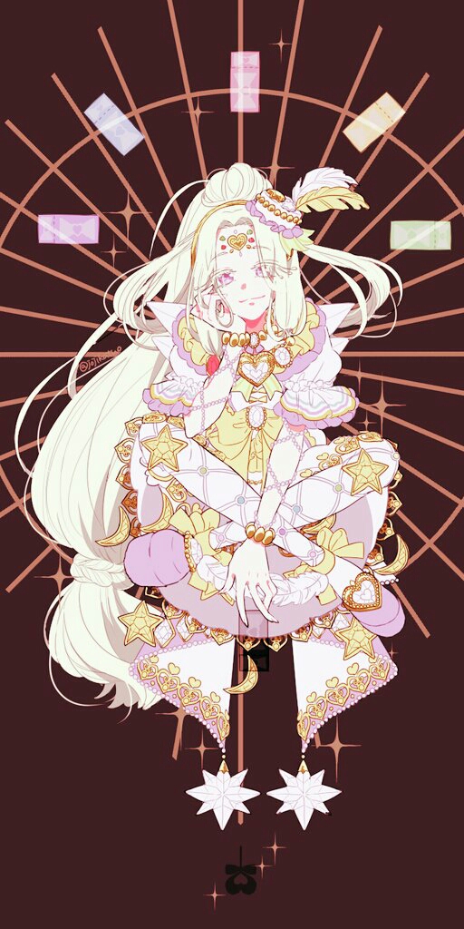 1girl, artist_name, bracelet, brown_background, cake_hair_ornament, card, feathers, food_themed_hair_ornament