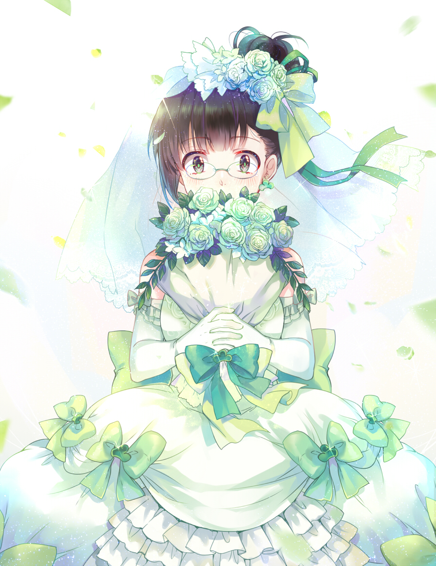 1girl, alternate_hairstyle, bangs, black_hair, blush, bouquet, bow, bridal_veil