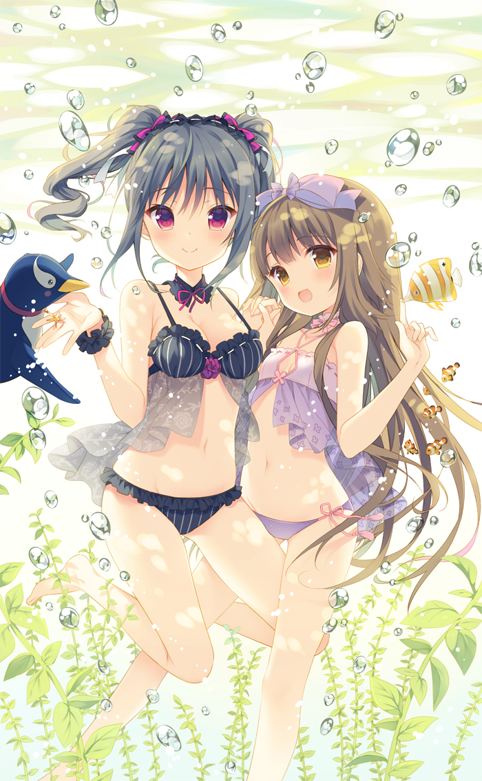 air_bubble, algae, bare_shoulders, barefoot, bikini, bird, black_bikini, blush
