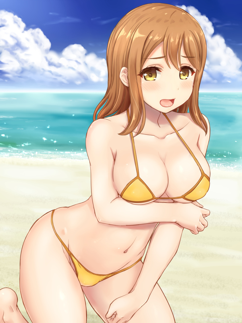1girl, bare_shoulders, barefoot, beach, bikini, blue_sky, blush, breasts