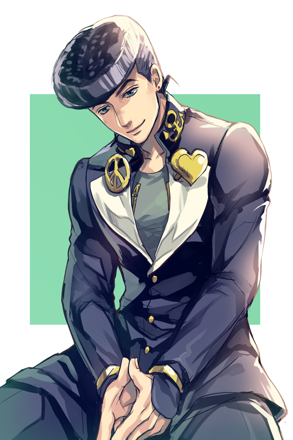 1boy, anchor_symbol, blue_hair, dyresbroom, earrings, gakuran, green_eyes, hands_together