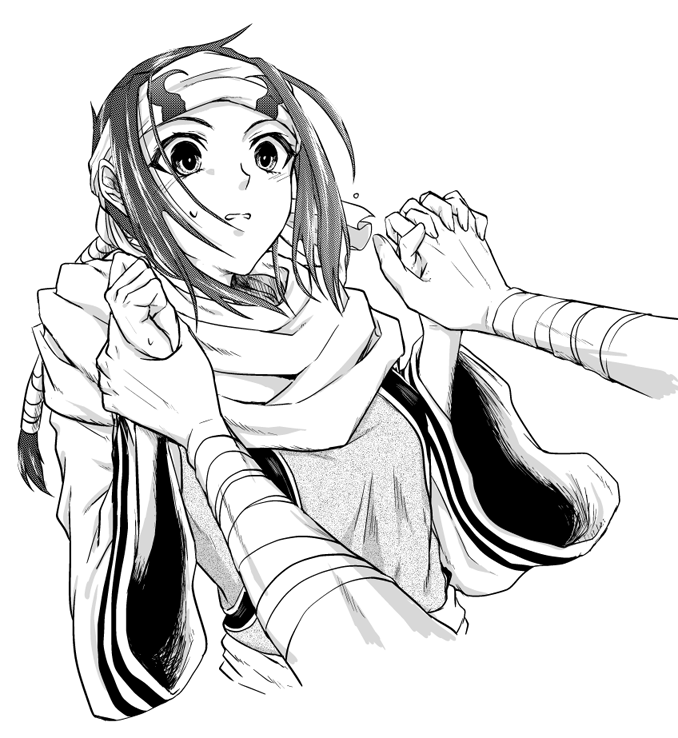 1girl, black_hair, hand_holding, headband, interlocked_fingers, kingdom, kyoukai_(kingdom), long_hair