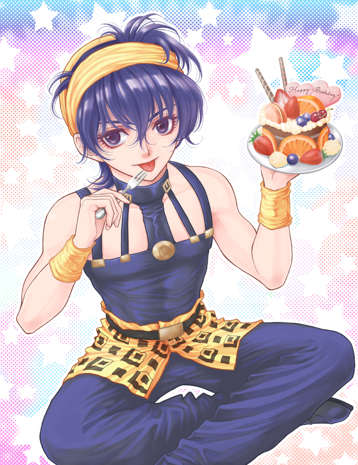 1boy, baitu, blueberry, cake, cherry, food, fork, fruit